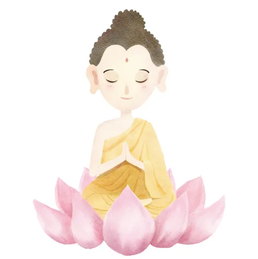 A cartoon character of a buddha sitting on a lotus